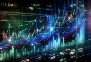 An HD illustration visualizing the sharp correction for Field Effect Transistor (FET) in a stock market setting as market sentiment shifts. The image should depict fluctuating trend lines on a detailed and complex stock market graph, representing the shift in market sentiment. Include digital ticker codes and numbers around the graph to give it a real-time stock exchange touch. The colors predominantly used are deep blues and greens, punctuated with touches of vibrant reds to indicate the sharp corrections.