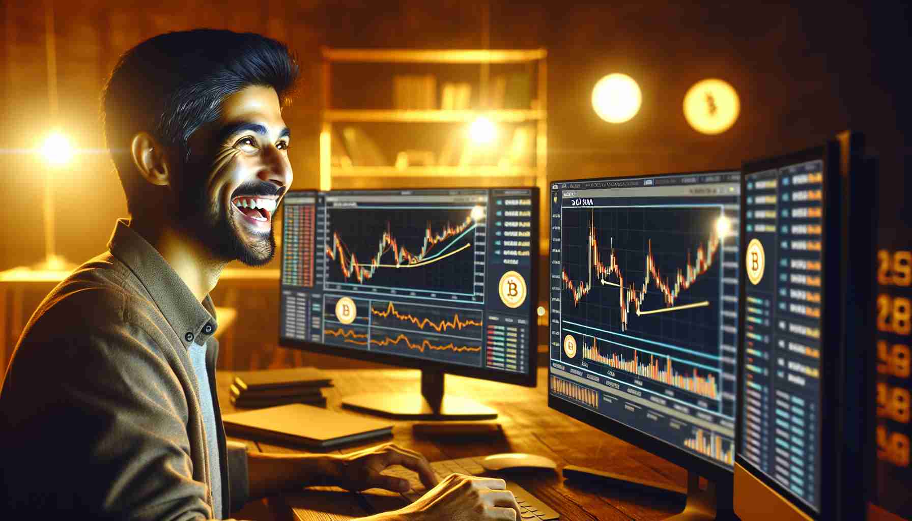 High-definition realistic image of a market analyst, with a happy and optimistic expression on their face, scrutinizing data charts and graphs that are going up for two fictional currencies named Solana and Render Tokens. The setting is a modern workspace, bathed in warm, atmospheric lighting. The analyst, a South Asian man, is seated at a desk, eyes focused intently on multiple computer screens displaying the positive trajectories of these currencies.