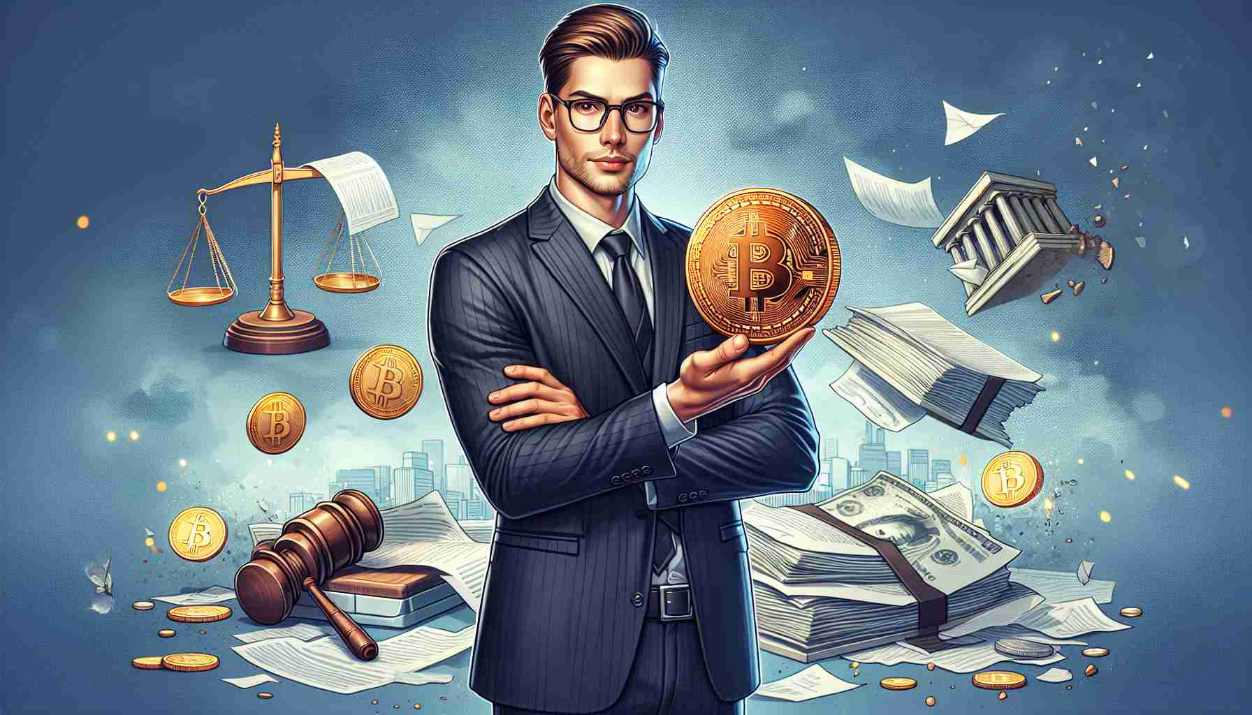 A realistic, high-definition illustration of a confident businessman, holding a physical representation of Bitcoin. The businessman is tall, with short brown hair, glasses, and is dressed in a sharp business suit. He stands against a backdrop of traditional finance symbols being upended, like toppling stacks of paperwork, a downturned scale, scattered coins, and falling bank buildings.