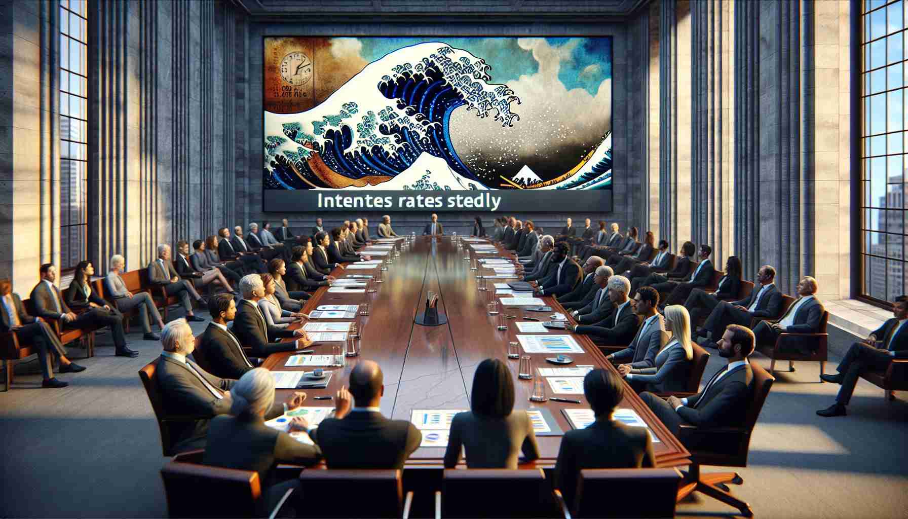 A high-definition, realistic scene depicting the interior of a large institutional meeting room, where economic professionals are gathered around a long, polished boardroom table. These individuals are of diverse descents such as Caucasian, Black, Hispanic, Middle-Eastern, and South Asian, and comprise of both men and women. The table is covered with various reports and charts, largely focusing on interest rates. A large LED screen on the wall displays the headline of 'Interest Rates Steady'. Outside the window, an abstract painting of a tumultuous sea is symbolic of market fluctuations.