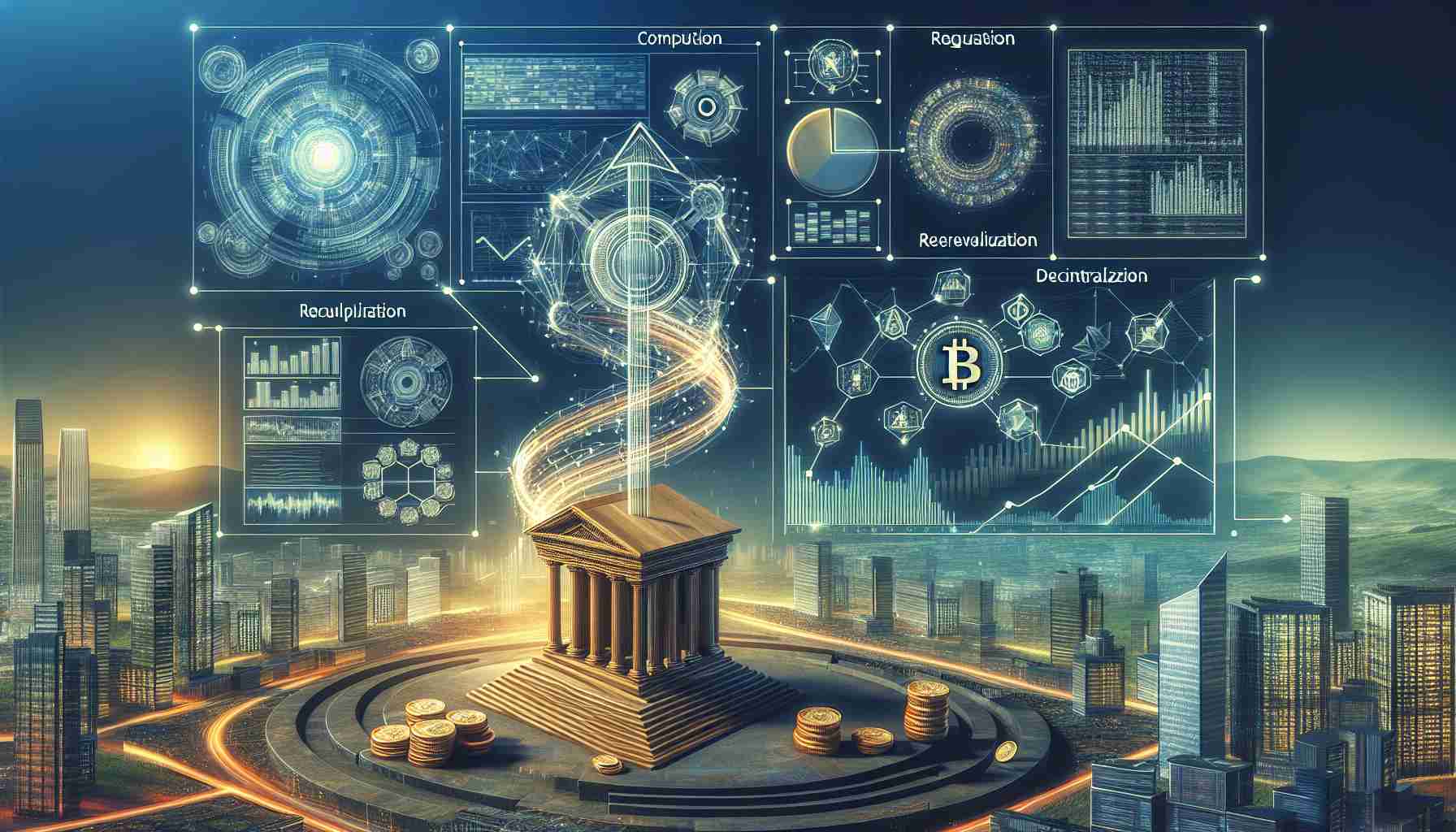 Realistic high-definition image of a conceptual representation for the rigorous analysis of crypto token listings showing complex charts, graphs, and digital tokens. The picture should depict a process of overhauling, reevaluation or reorganization. Please include symbols of computation, digitization and decentralization, such as blockchain sequences, algorithms and mathematical formulas.