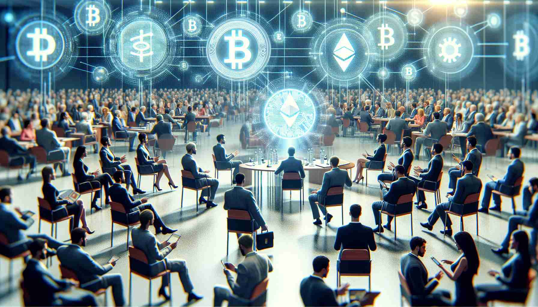 Realistic high-definition image of a significant political event where digital currency is a pivotal subject of discussion. It is rife with anticipation and excitement, the air pulsating with activity and heated conversations on how cryptocurrency is influencing politics. Notably prominent are digitized representations of various currencies such as Bitcoin and Ethereum, taking center stage. People of various professions, genders, and descents can be seen engaging in substantive dialogues about the future of politics and finance.