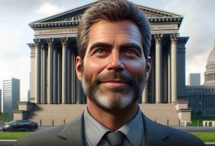 A realistic high-definition photo featuring a middle-aged man, who could be described as a high-profile businessman involved in cryptocurrency. He has a hopeful expression on his face, hinting at his seeking approval for a pre-trial release with high supervision. The man stands outside a stately court building, identifiable by its large columns and intricate architectural elements. Behind him, we see a clear sky and the cityscape, symbolizing the outside world he is eager to return to.