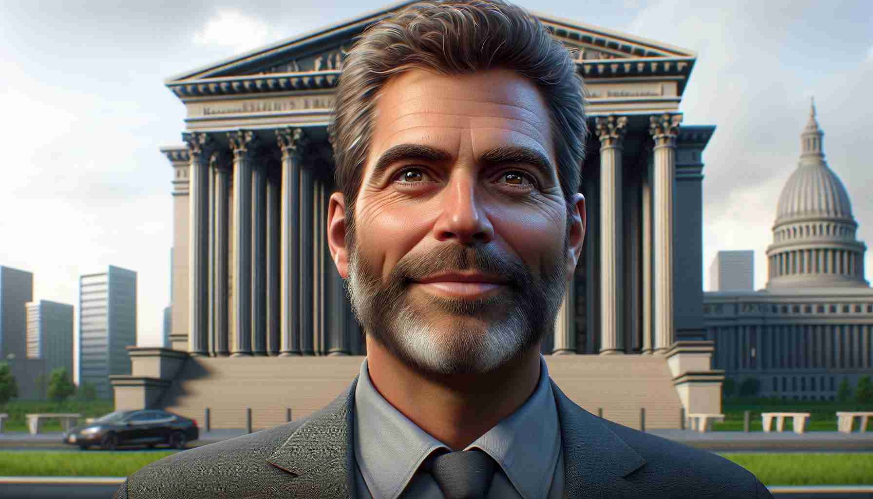 A realistic high-definition photo featuring a middle-aged man, who could be described as a high-profile businessman involved in cryptocurrency. He has a hopeful expression on his face, hinting at his seeking approval for a pre-trial release with high supervision. The man stands outside a stately court building, identifiable by its large columns and intricate architectural elements. Behind him, we see a clear sky and the cityscape, symbolizing the outside world he is eager to return to.