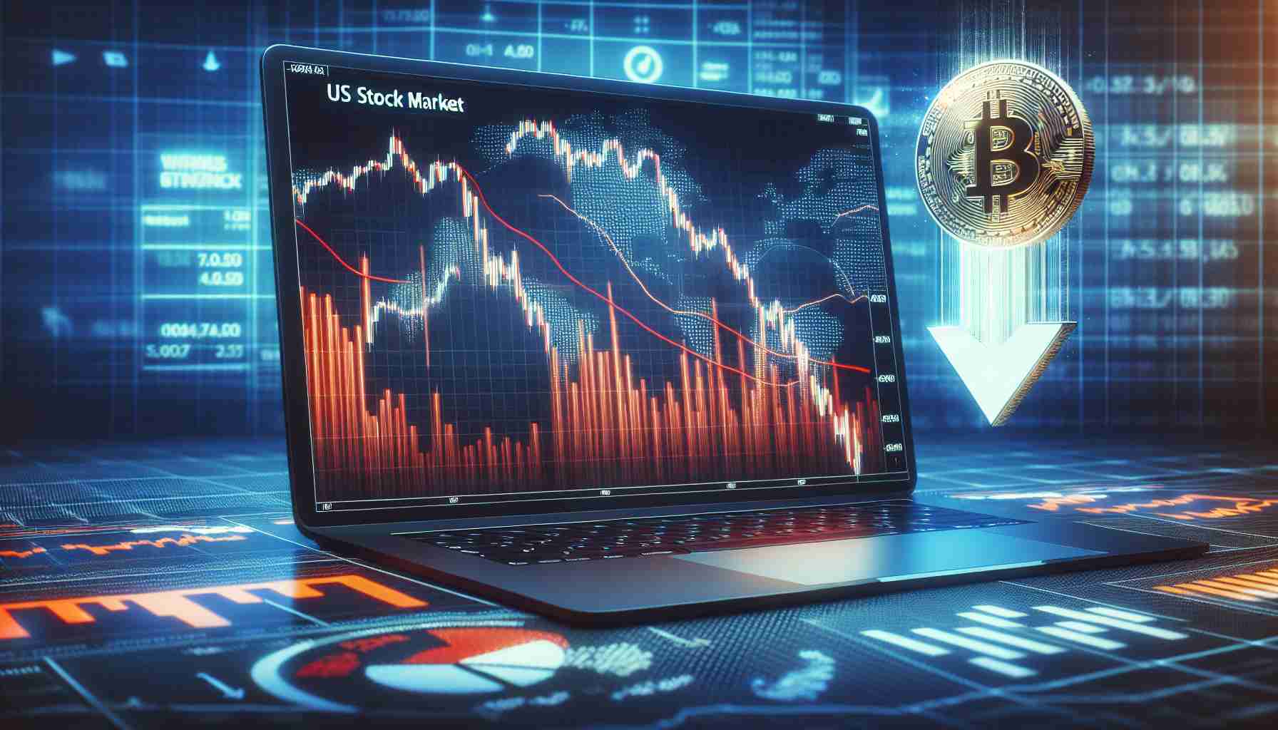 Generate a realistic, high-definition image of metaphorical representation of the US stock market. Show a downward trending graph on a computer screen with the 'US Stock Market' mentioned. Nearby, include a visual of a falling Bitcoin token, indicating a recent decline.