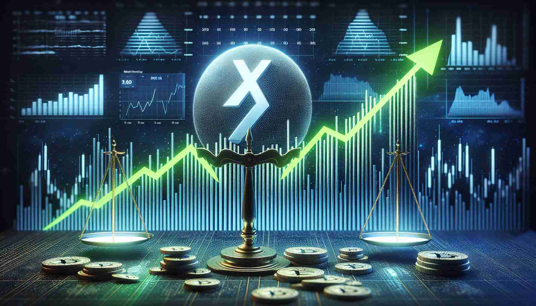 A realistic, high-definition representation of a chart illustrating the bullish pattern of XRP cryptocurrency against a backdrop of balance and stability representing market equilibrium conditions. The image should properly depict the surge showing promise in the performance of XRP. It should contain visual elements often used in cryptocurrency analysis like green upward arrow for bullish trend, balancing scales for market equilibrium and the XRP logo.