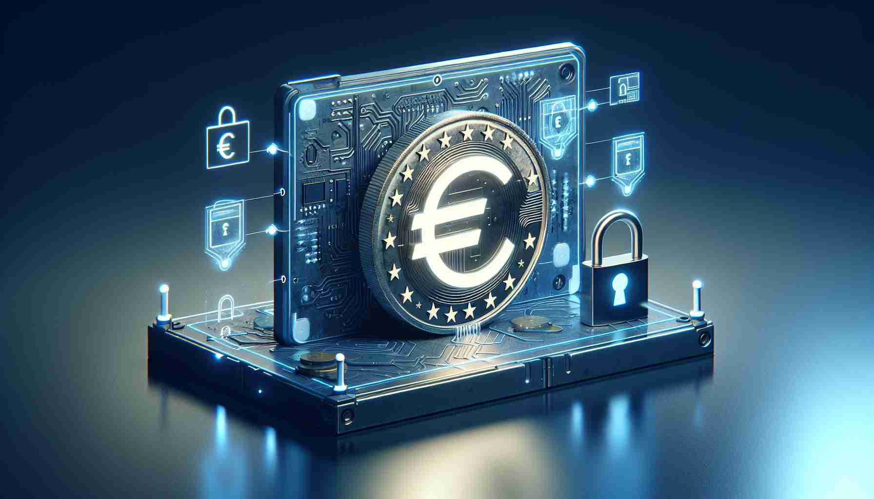 Generate a realistic, high-definition image representing the concept of the European Central Bank revealing the features of a prototype for a digital Euro amid concerns about privacy. The scene should show a symbolic representation of the digital Euro, such as a stylized coin with electronic elements, alongside features symbolizing privacy concerns, like a padlock or shield. Please exclude any individuals from the depiction.