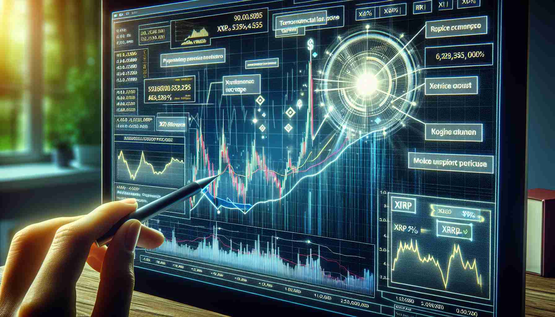 A close-up of a computer screen displaying a graph that shows a pronounced upward trend in the value of XRP, a type of digital currency. Highlighted sections of the graph show critical points of interest where significant price increases have occurred. Surrounding the graph are various analytical data clearly indicating a prediction for a monumental price surge of XRP. Also included are some notes, calculations and percentage increases that imply a bullish forecast according to an unseen analyst. Make the image realistically detailed and of high definition quality.