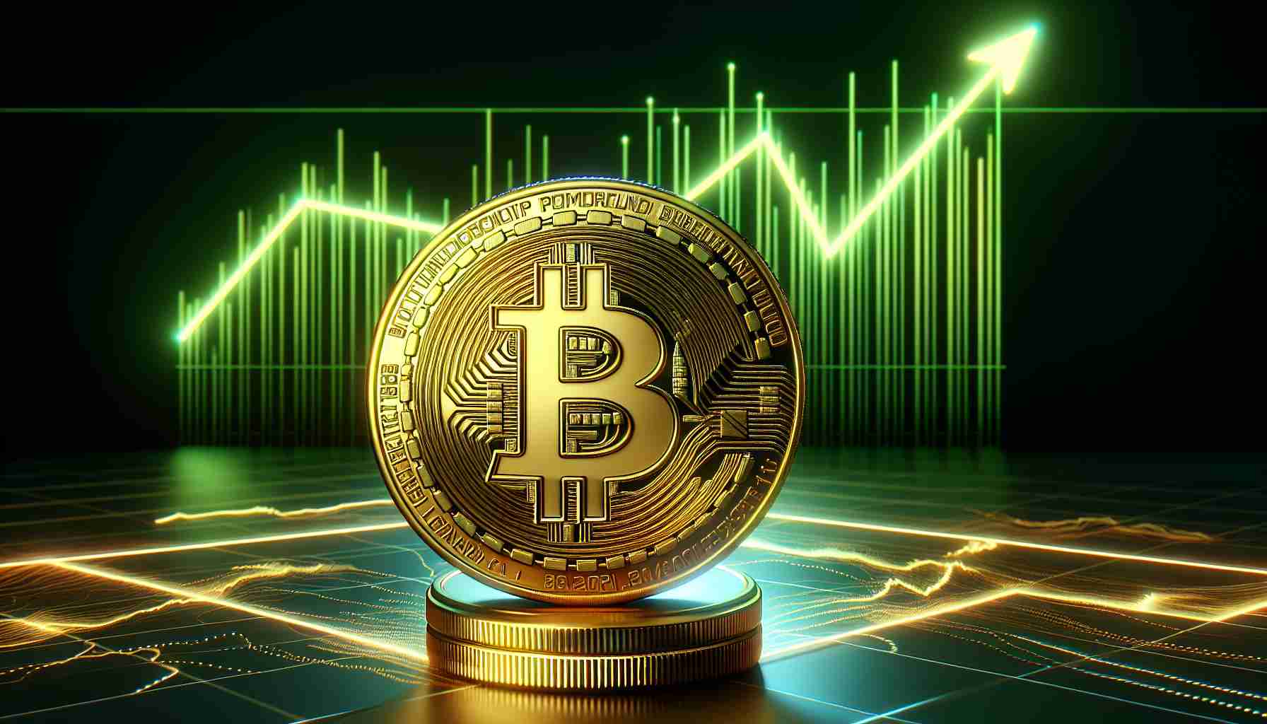 An HD, realistic image of a symbolic representation of Bitcoin. The centerpiece should be a golden coin with the Bitcoin logo emblazoned on it. Behind the coin, the backdrop must evoke a strong market comeback. This can be visualized by a line graph with an upward trend, glowing green to symbolize growth and prosperity. The overall mood of the image should be optimistic, confident, and powerful, capturing the essence of Bitcoin's anticipated strong comeback in the market.