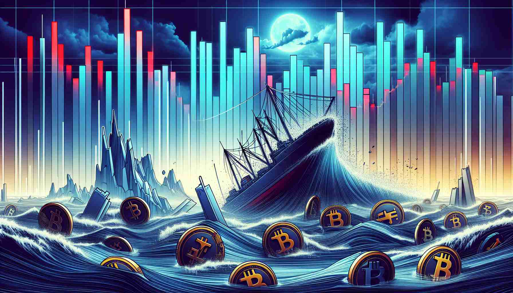 Generate a realistic, high-definition visual representation of a conceptual scene. An abstract illustration of market instability affecting alternative cryptocurrencies severely, represented by various altcoins experiencing significant price corrections. The scene may comprise of bar graphs and line charts showing sharp declines, or a symbolic representation such as a stormy sea with shipwrecks representative of the altcoins.