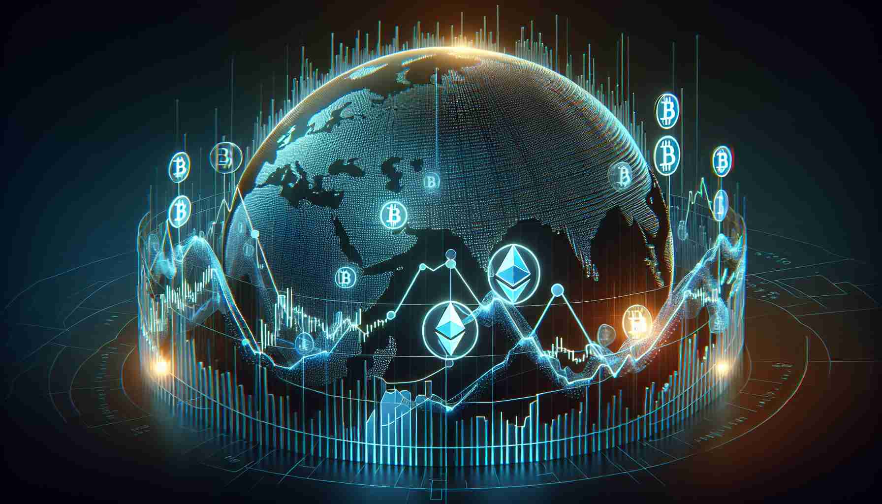 A high-definition, digitally generated representation of the concept 'New Forecast Indicates Later Peak for Cryptocurrency Market'. This should depict a dynamic, 3D graph or chart illustrating a rising and falling market trend, with the peak shifted more towards the 'future'. Incorporate various cryptocurrency symbols like Bitcoin, Ethereum laced throughout the graph. There should be a futuristic, high-tech feel to the image.