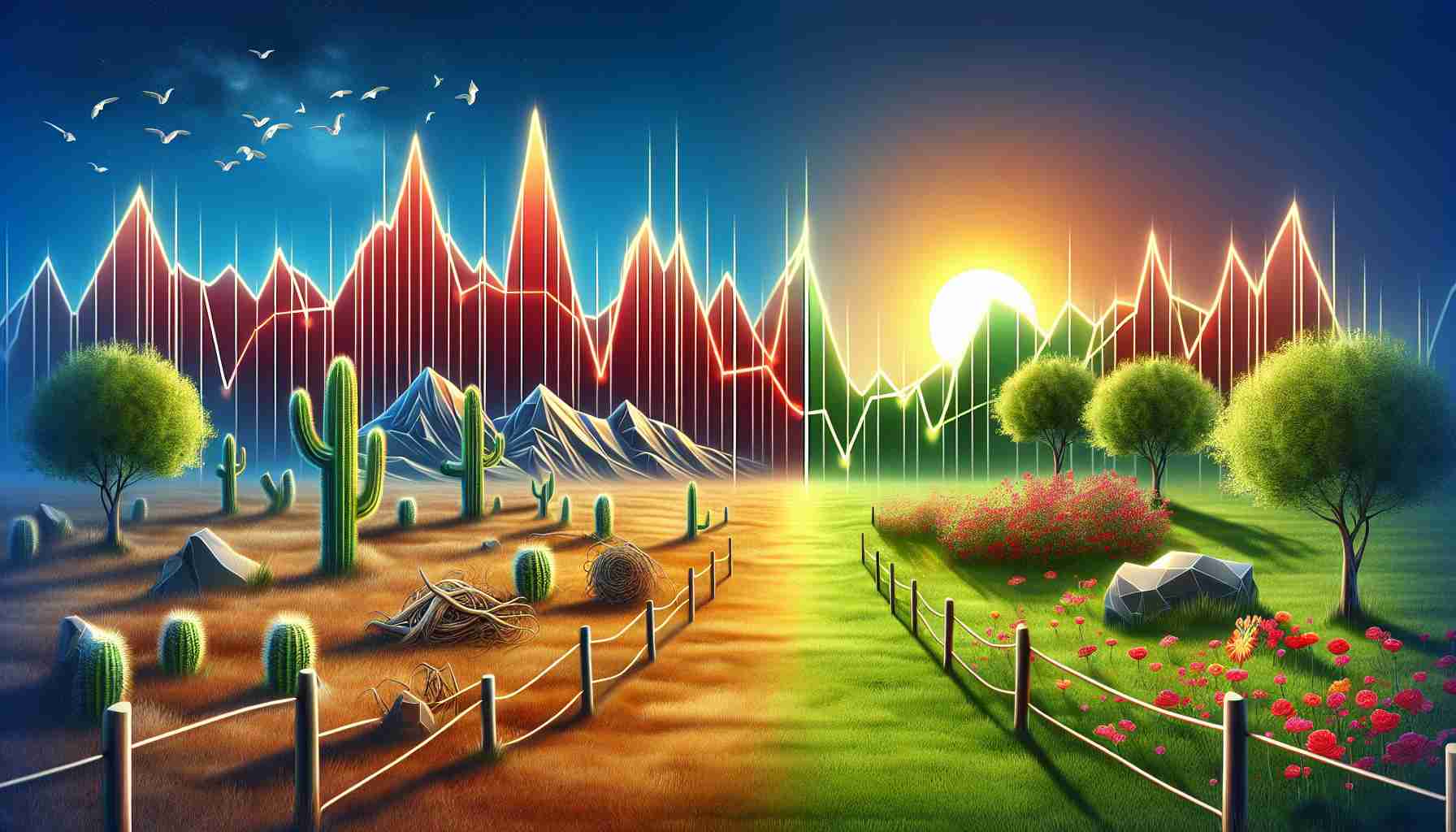 Realistic image depicting a modern cryptocurrency landscape. Imagine an intricate financial graph split into two halves. The left side illustrates a declining trend, represented by falling red bars symbolizing the losses in the crypto market. Let the red bars morph into mountains, tumbleweed, and a setting sun, symbolizing the harsh and unforgiving nature of the market. On the right half, visualize rising green bars symbolizing surprising gains, transforming into blooming flowers, trees, and a sunrise, reflecting hope and prosperity.