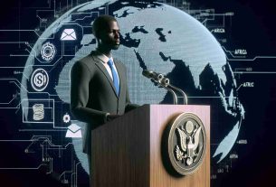 Generate a realistic high-definition image of a male administrative figure standing behind a podium. He is engaging in a tech conference, advocating the use of blockchain technology and artificial intelligence to thwart illegal financial activity in Africa. The podium is adorned with the emblem of a financial regulation institution, and the background consists of a big, largely visible map of Africa.