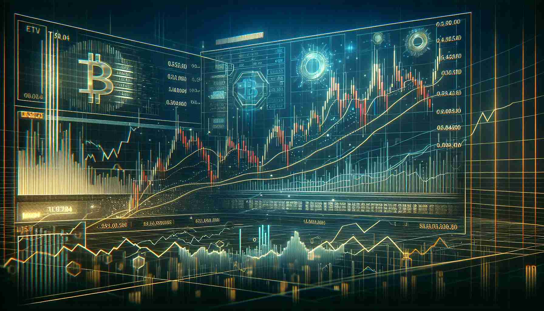 Generate an image that depicts a high-resolution, realistic theme of a market graph adjustment following a surge. The graph should prominently display a line chart representing the value of a generic virtual currency plunging after a peak, signifying an ETF high. The graphics should invoke feelings of financial analysis and market dynamics, with numbers, lines, and labels. There should be a strong contrast between the rising and falling sections of the plot. Please also include visual representations of market indicators and statistical analysis tools for a more comprehensive financial representation. Illustrate this digital economic scene using a modern, clean aesthetic.