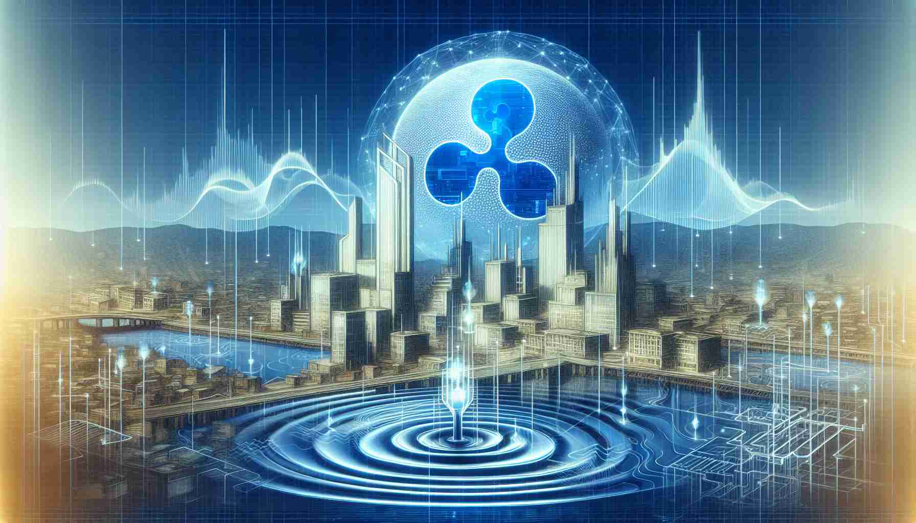 An illustrative depiction of the advanced digital economy in the country of Georgia, represented through the symbolic association with Ripple, a prominent technology for digital payments. Imagine a cityscape with modern technology and infrastructure to capture the essence of the Georgia's digital economy. Concurrently, incorporate visual elements associated with Ripple such as the waveform of a water ripple, signifying the ripple effect in technology and economic growth.