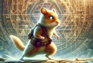 A lively and detailed scene embodying the spirit of an adventure quest. At the forefront is a fearless hamster, posture ready for combat, eyes glowing with determination. The backdrop suggests a fantastical world filled with cryptographic symbols and intricacies. Each detail, from the texture of the hamster's fur to the code-like patterns in the background, should exhibit realistic high-definition quality.