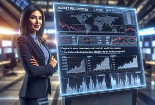 Create a realistic high-definition image of a market prognosticator, who is a confident Hispanic woman in her forties, standing over a large touchscreen display, showing various statistics and graphs related to cryptocurrencies. Despite the recent downturns indicated on the screen, she anticipates an altcoin season and expresses an optimistic prediction for the future. The background should represent a high-tech trading floor ambiance.