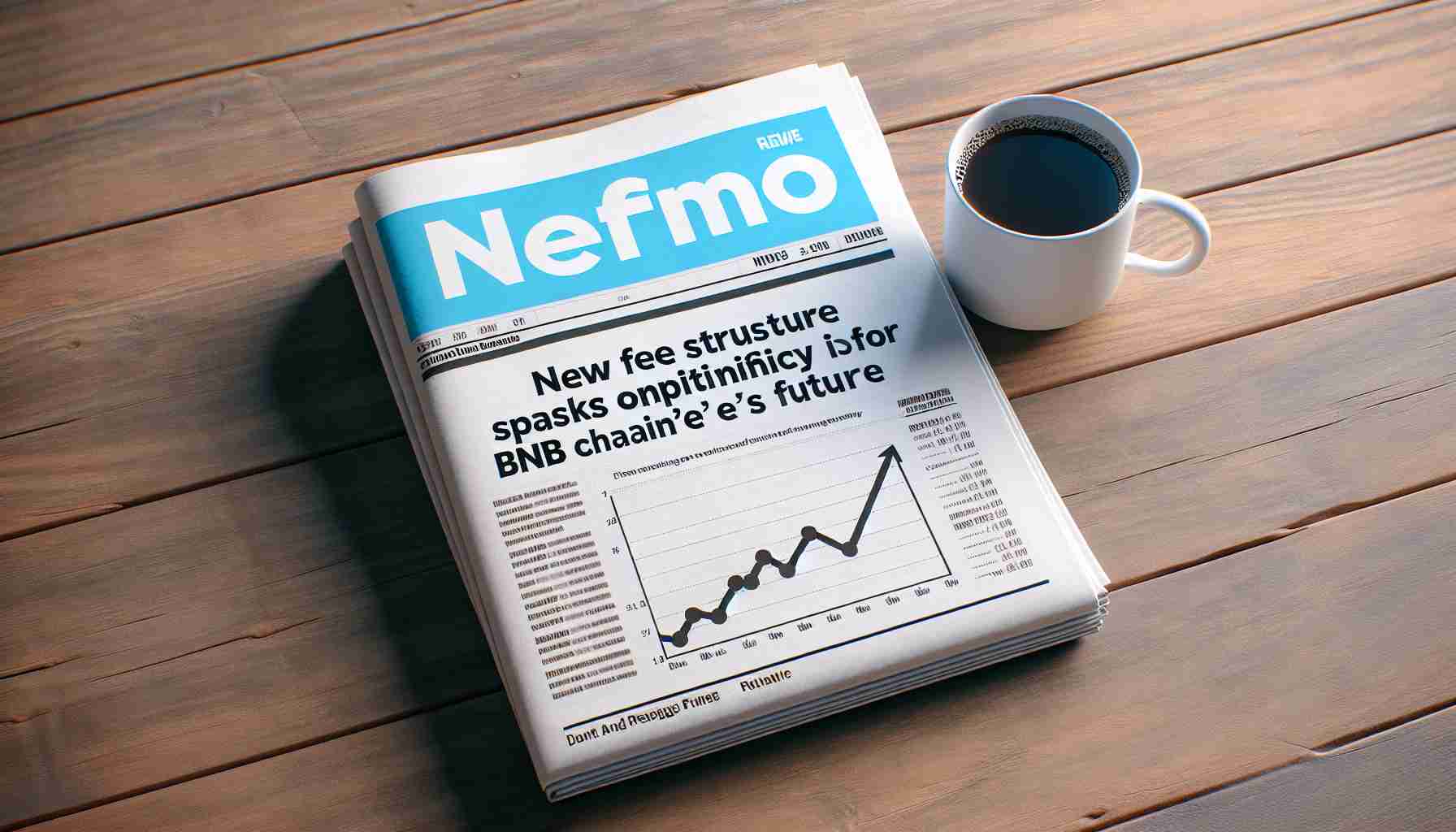 Generate a realistic HD image of a positive financial newspaper headline reading 'New Fee Structure Sparks Optimism for BNB Chain's Future' along with a line graph on the side that's showing a rising trend. The newspaper should be placed on a wooden table next to a cup of coffee.