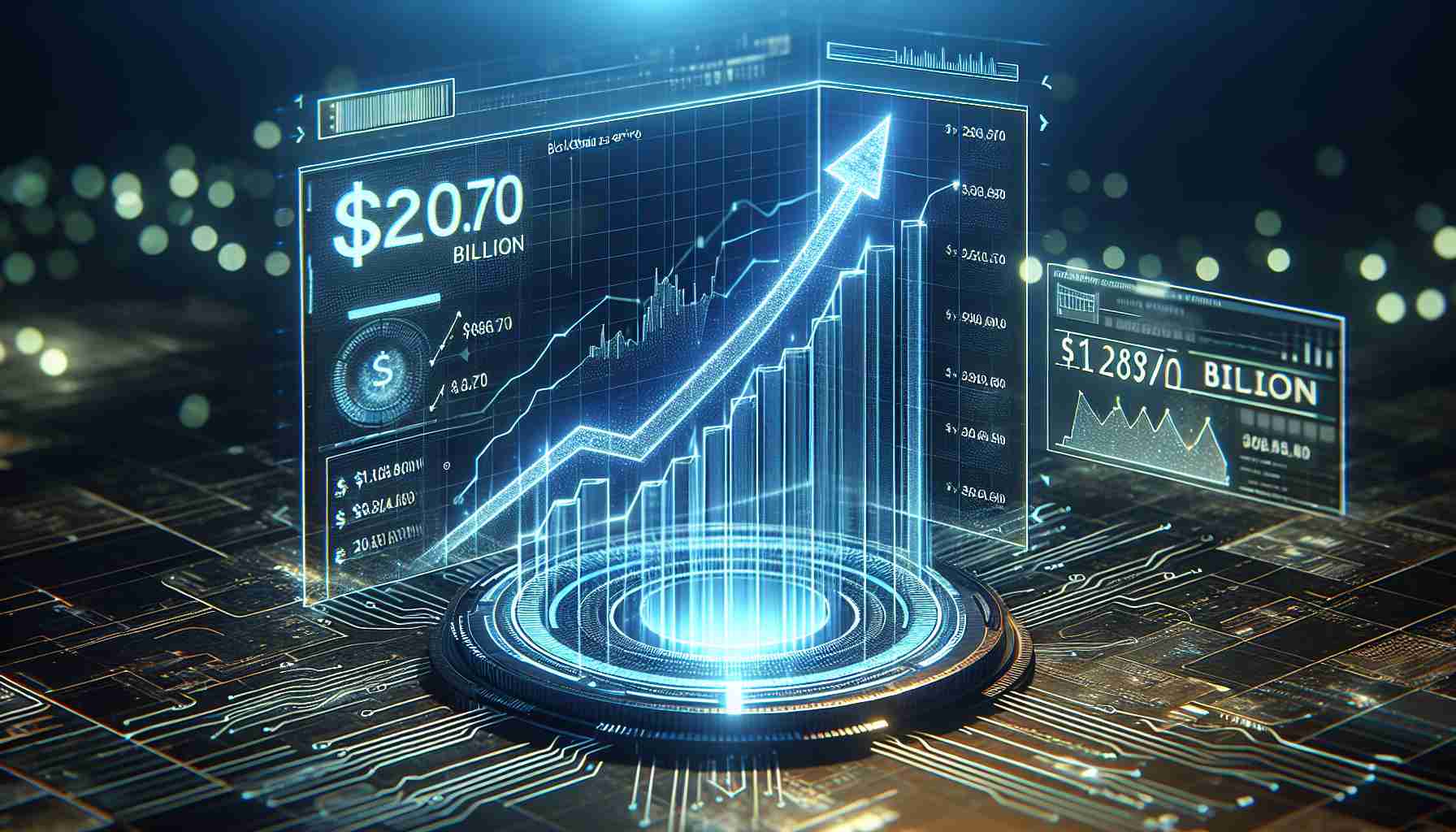 Create a highly detailed and realistic representation of the concept 'Blockchain as a Service'. Display an ascending graph on a holographic interface to depict rapid growth. The growth should culminate to reach a value marked as '$120.70 Billion' in futuristic, digital font by the year '2031'. Ensure the scene is in high definition quality.