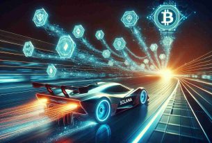 Create a high-definition, hyper-realistic visual representation of Solana's blockchain prowess. Illustrate this by visualising a fast-forwarded race with Solana as a sleek, futuristic race car whizzing past other generic cars, symbolizing other blockchain technologies. The car is leaving behind a trail of light composed of smaller icons symbolising Decentralised Exchange (DEX) transactions. Ensure that the atmosphere appears high-tech and the setting should be a digital track encapsulating the world of blockchain technology.