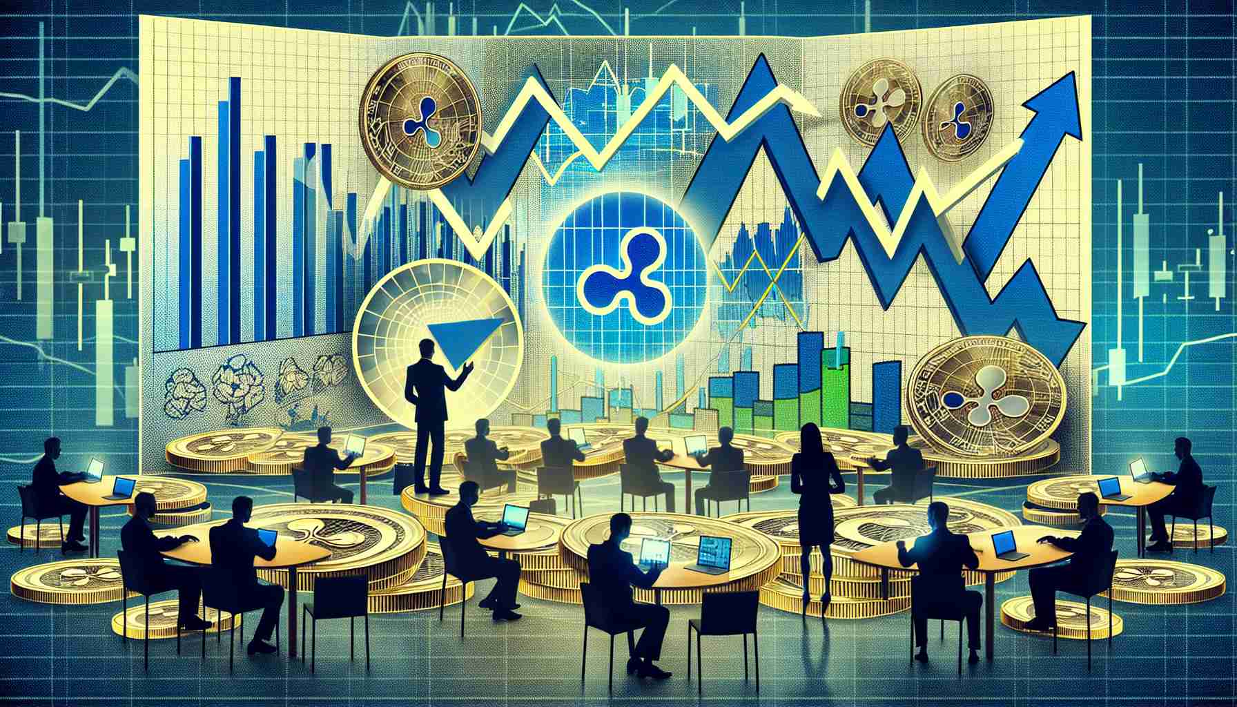 Generate an image that symbolically represents the analysis of Ripple's incentive structure amidst speculative price fluctuations of the XRP cryptocurrency. Include a range of elements that are typically associated with financial analysis, such as charts, graphs and data visualizations. Elements like coins, graphs depicting volatile price fluctuations, and possibly people in suits presenting these analyses could also be included for a real-life touch.