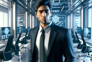 Realistic HD photo of the president of a blockchain technology company stepping down amid industry challenges. The president is depicted as a South Asian male. He is dressed professionally in a sharp suit and tie, appearing concerned as he stands in a sleek office setting filled with technological equipment.