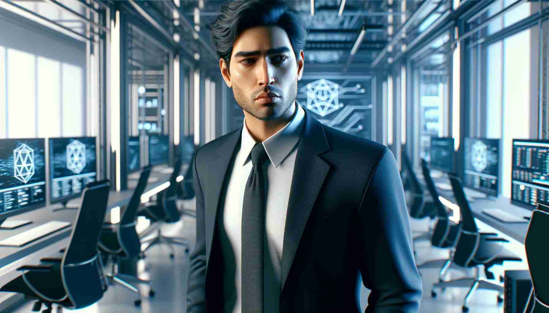 Realistic HD photo of the president of a blockchain technology company stepping down amid industry challenges. The president is depicted as a South Asian male. He is dressed professionally in a sharp suit and tie, appearing concerned as he stands in a sleek office setting filled with technological equipment.