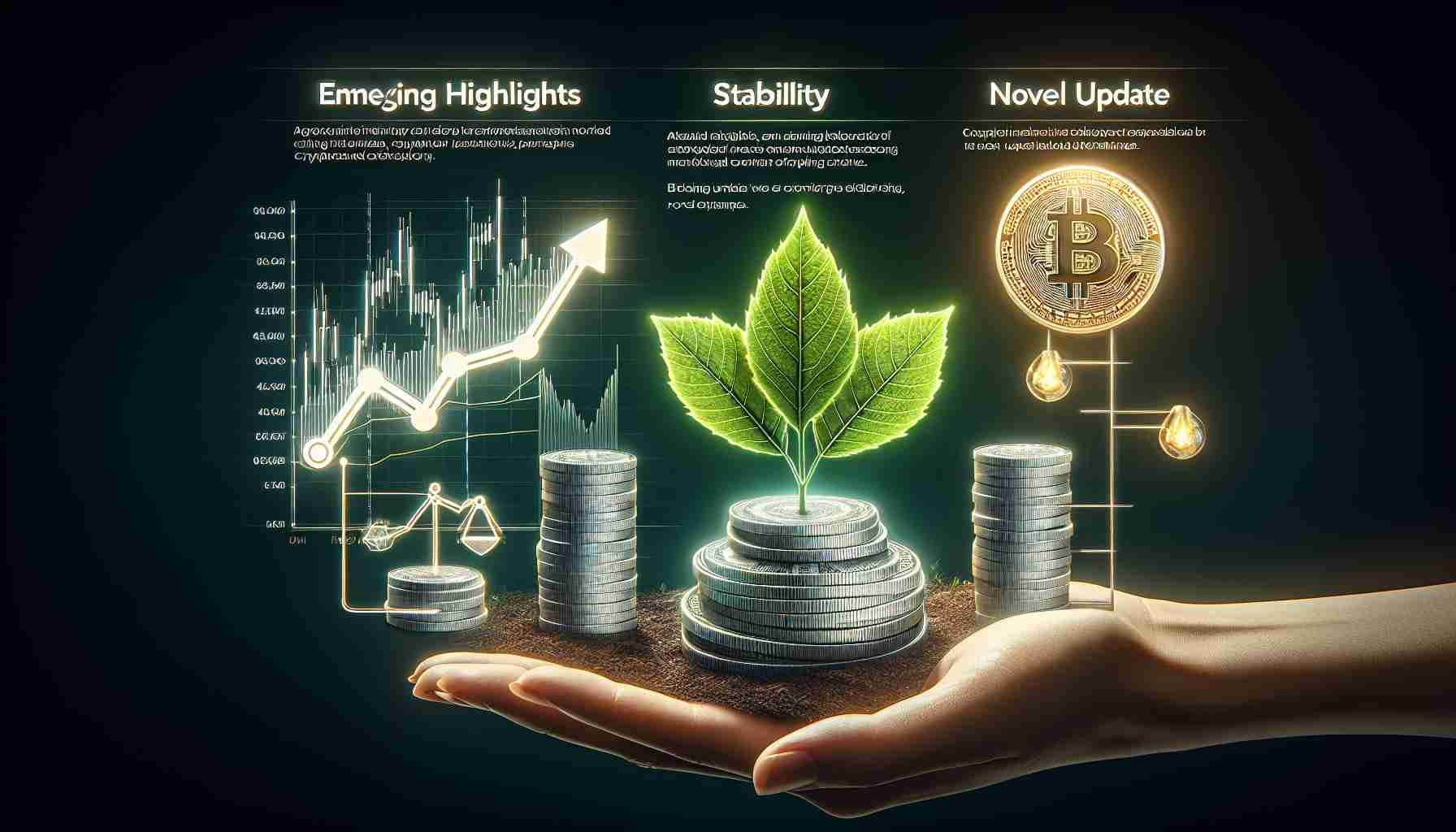 Create a realistic high-definition photo depicting emerging highlights in the world of cryptocurrency. This photo should include visual representations of three key developments: the upturn of a fictional cryptocurrency named 'Solana', the stability of another fictional currency named 'Aptos', and the novel update of yet another one, called 'BlockDAG'. The visual elements used to represent these concepts should be supportive of the mentioned descriptions, such as upward moving graphs for 'Solana', balanced scales for 'Aptos', and a new, greener leaf for 'BlockDAG' symbolizing a novel update.