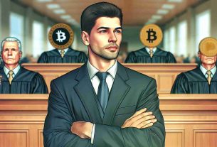 Create a realistic HD image of a corporate leader facing a symbolic trial, with captions related to alleged misleading statements about a cryptocurrency. The leader should be depicted as an average Caucasian male in a traditional business setting, wearing a suit and tie.