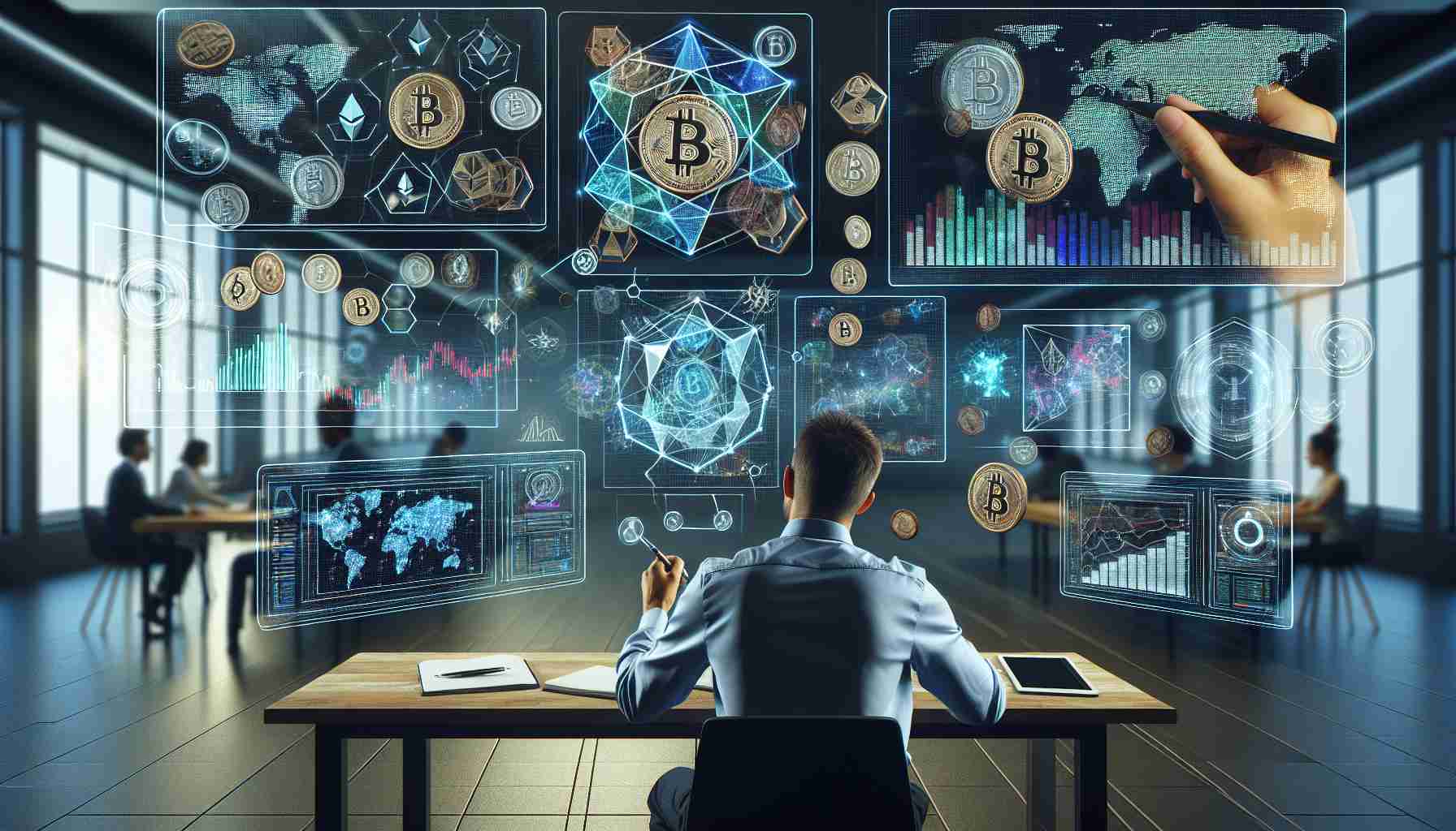 Detailed, high-definition image of a simulated market analysis scenario focused on cryptocurrencies. Picture includes various virtual screens floating in mid-air in a modern space, displaying colorful charts, graphs, and data visualizations related to Bitcoin, Ethereum, and other cryptocurrencies. A Caucasian male analyst is scribbling down notes on a digital pad while reviewing the data. A Black female analyst is manipulating the virtual screens with her hands, adjusting the data points for a more comprehensive understanding.