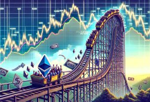 Generate a realistic, high-definition image that illustrates the concept of the price of Ethereum being a roller coaster, but predicted to stabilize in the future. The picture should represent this idea metaphorically, with a roller coaster's steep climbs and hair-raising drops, but gradually showing signs of smoothing out towards the end of the track, symbolizing stable progression. Please include elements associated with Ethereum like the Ethereum logo and some figures or graphics indicating fluctuating prices.