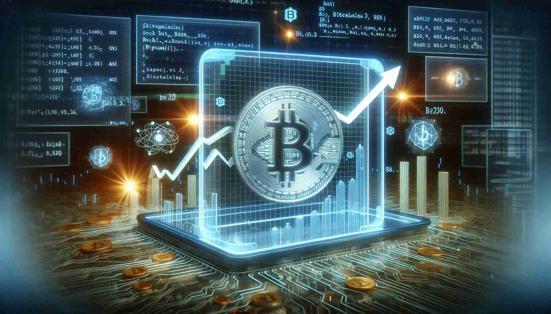 A realistic HD photo of an artificial intelligence concept predicting a bright future for Bitcoin by 2024. The image should include a digital screen displaying rising graphs and Bitcoin symbols. Surrounding the screen, there should be lines of code and complex mathematical algorithms symbolizing the AI's processing and analysis.