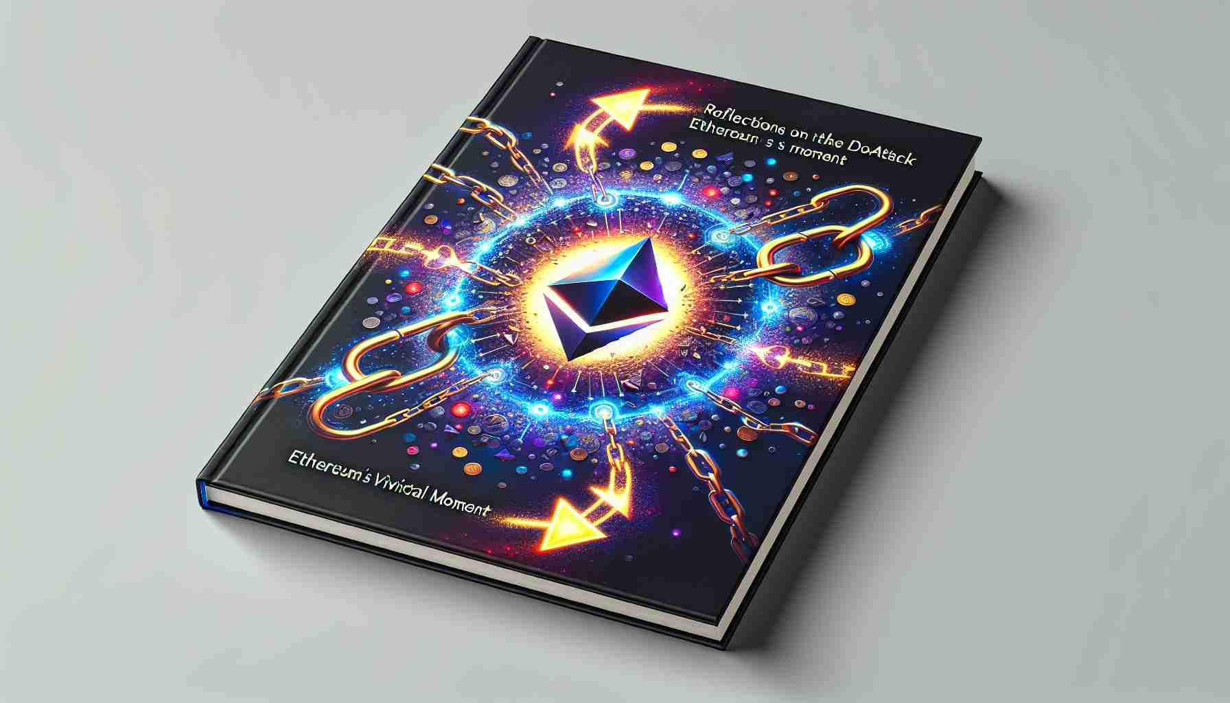 Realistic high-definition image of the cover of a hypothetical book titled 'Reflections on the DAO Attack: Ethereum’s Pivotal Moment'. The design should include conceptual symbols of blockchain, a broken chain link signifying the DAO attack, and a turning point arrow to emphasize the pivotal moment. To further convey the gravity of this moment and its impact on the Ethereum community, consider implementing a dramatic color scheme such as dark blues and purples with bursts of bright yellows and oranges to represent the 'attack' and pivotal change.