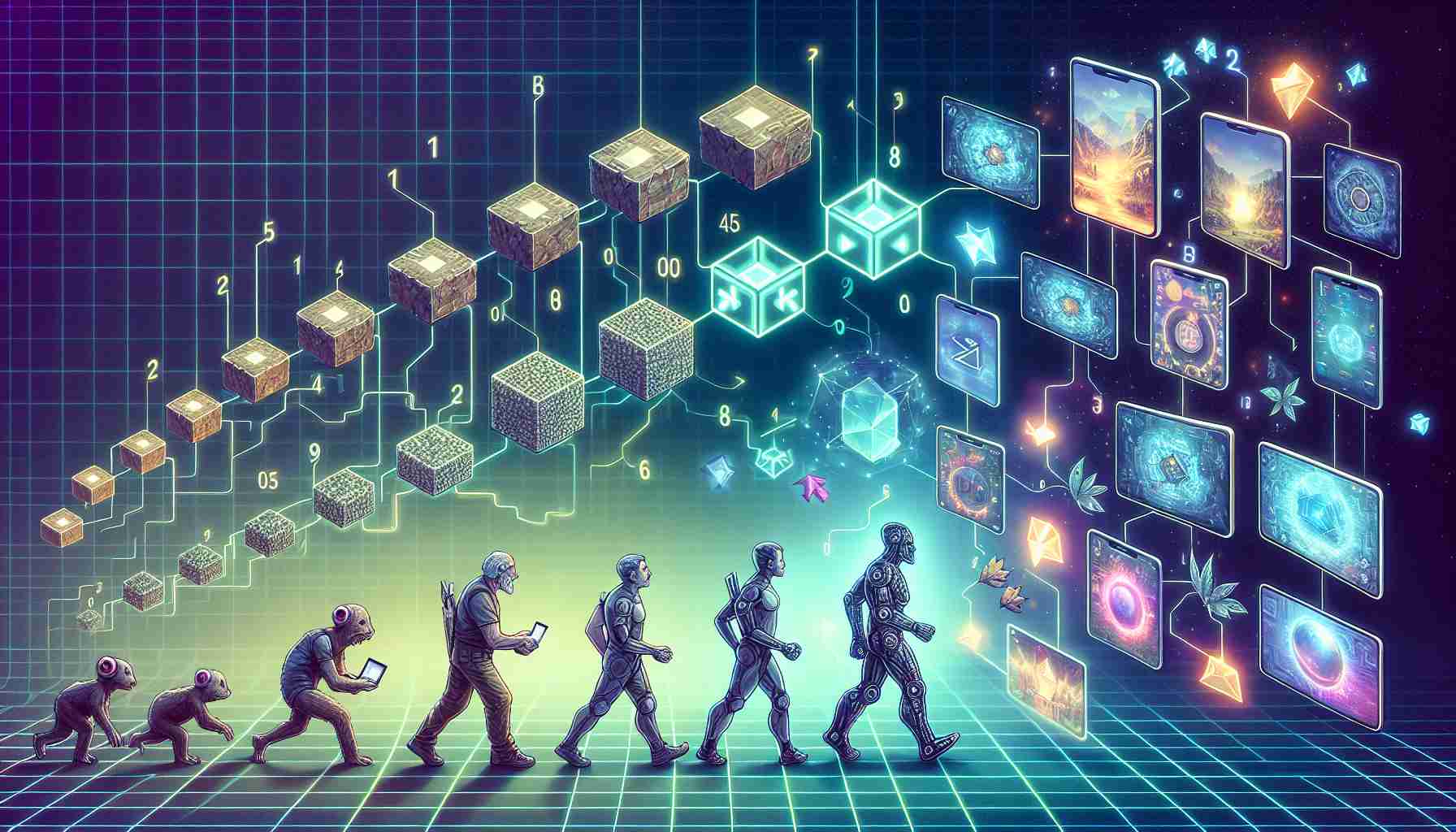 Create a realistic high-definition image that effectively portrays the evolution of blockchain gaming. This image should contain: 1) An older, simpler blockchain game from the early days of the technology, perhaps symbolized by a 1s and 0s or block-shaped characters. 2) A modern blockchain game which showcases today’s capabilities of the technology, emphasizing rich gameplay and immersive experiences. Abstractly represent these elements in a timeline-like fashion, with each game showing its own period and the transition between them demonstrating the technological development over time.