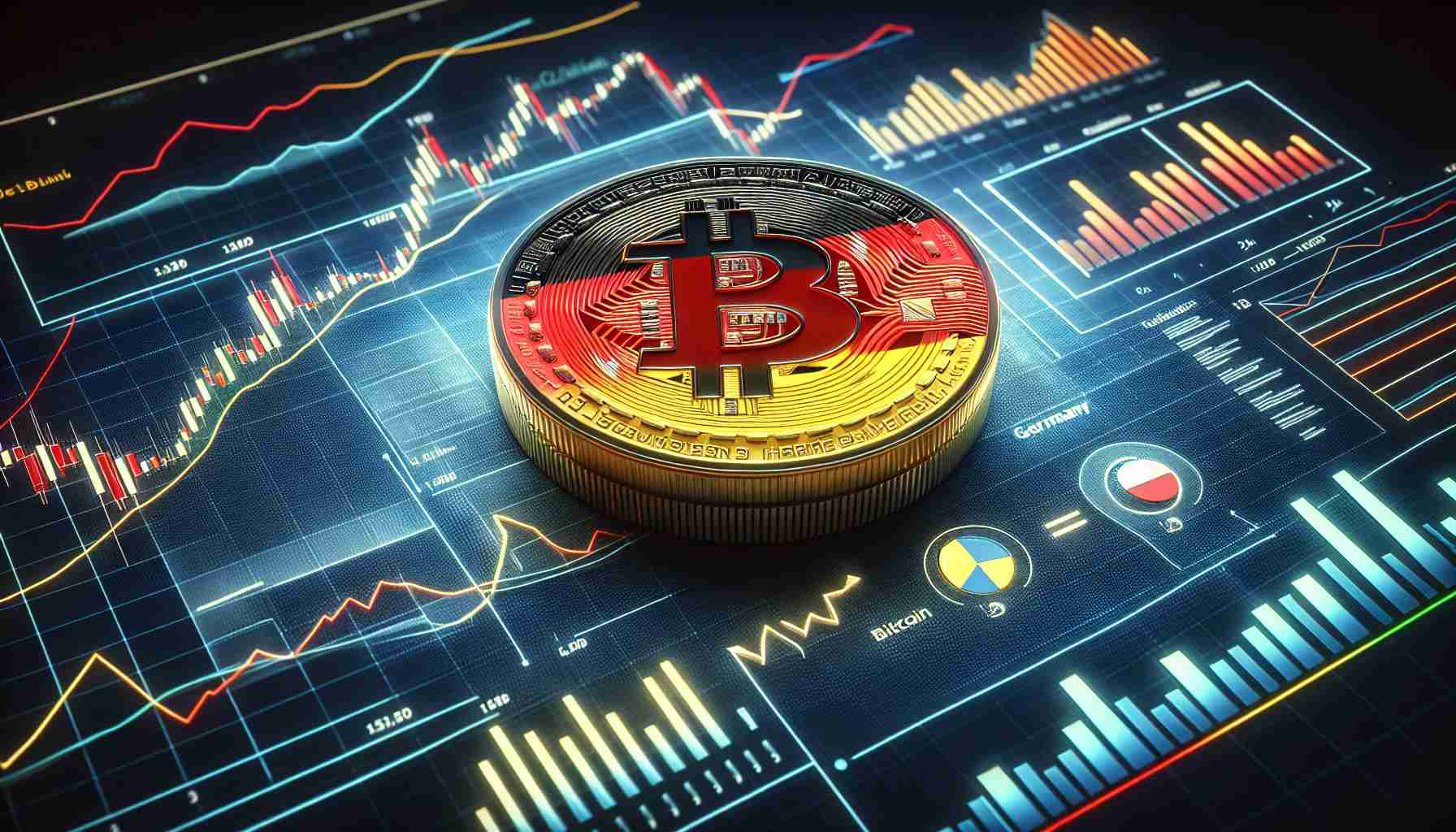 A high definition, realistic depiction of a symbolic representation of Bitcoin strategy in Germany influencing market dynamics. The image should consist of the German flag, a physical representation of Bitcoin, and symbols demonstrating market dynamics such as graphs or trends. Meticulous detail should be put into the creation of this image to depict a sense of realism.