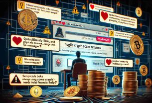 A HD detailed image showcasing the hidden risks of online romance, focusing on cryptocurrency scams. The scene includes an intricately designed webpage where a person is engaging in an online chat. Warnings and red flags are subtly placed in the design, like questionable links, generic love messages, and promises of huge crypto returns. The page also has small hints like a crypto logo made suspiciously prominent, a rushed sense of urgency, or a sender always having some crisis that needs instant financial help. Accurate representations of both Bitcoin and Ethereum coins should be included, symbolizing the cryptocurrency aspect.