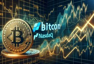 Create a realistic HD image that visually represents the exploration of the synchrony between the movements of Bitcoin and Nasdaq. Show the Bitcoin logo and Nasdaq logo side by side. In the background, reveal a chart with fluctuating lines for both Bitcoin and Nasdaq that intertwine at certain points indicating synchrony. Below both the logos, include depictions of upward and downward arrows to illustrate the movements of the financial markets. The image should capture the intricacy and volatility typical of financial markets.