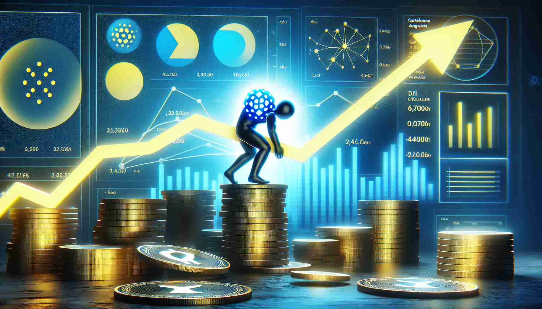 A high-definition, realistic image that visually represents the concept of the cryptocurrency Cardano struggling, with indicators or symbolic representations of investor support and DeFi (Decentralized Finance) growth elements included in the scene.