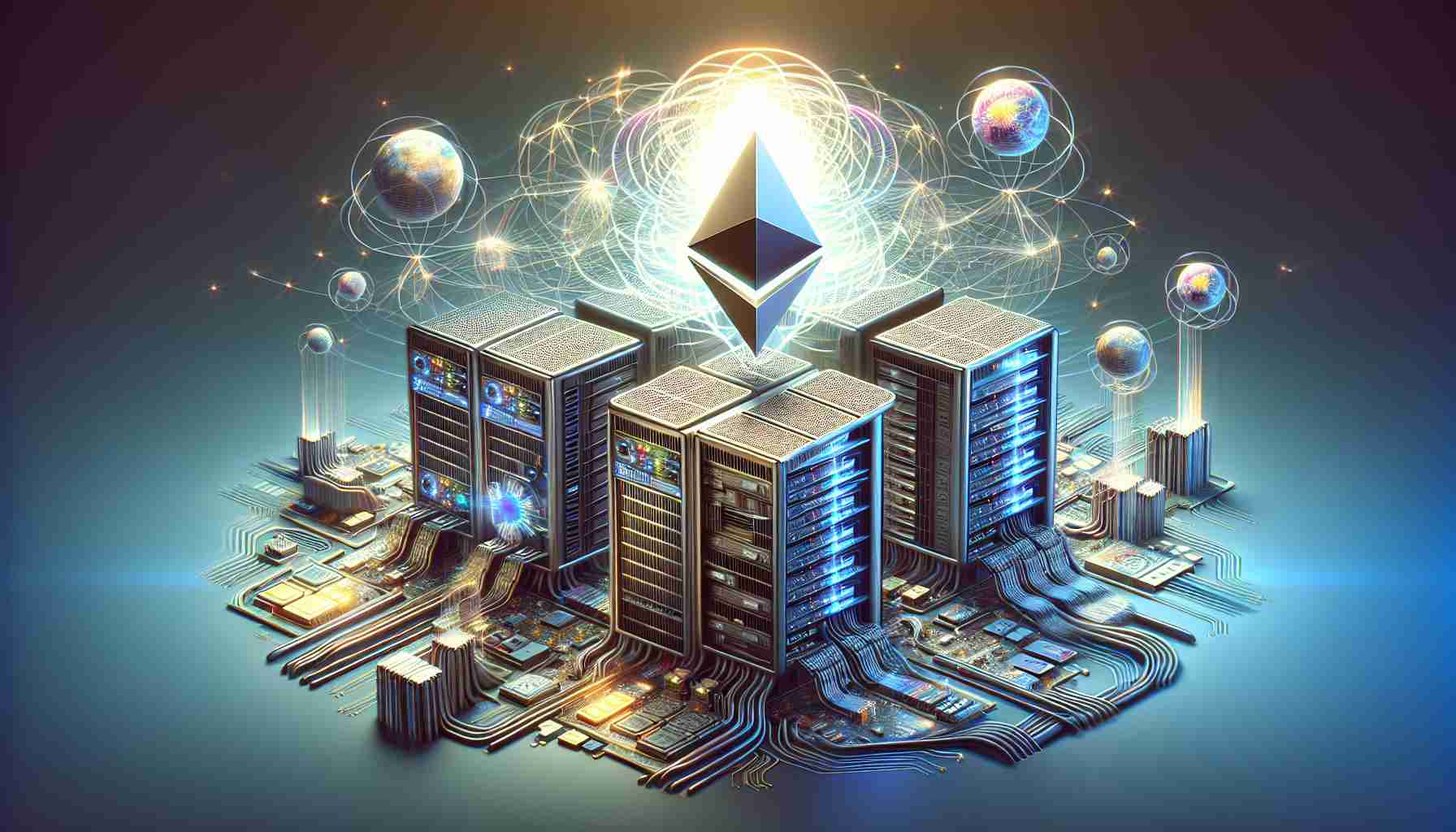 Generate High-definition realistic image illustrating the event of Ethereum's Pectra Update which signifies a major leap towards an enhanced and much improved network system. The image can include visual representations of powerful servers and advanced network infrastructure, intertwined with motifs symbolizing growth, expansion, and technological advancement.