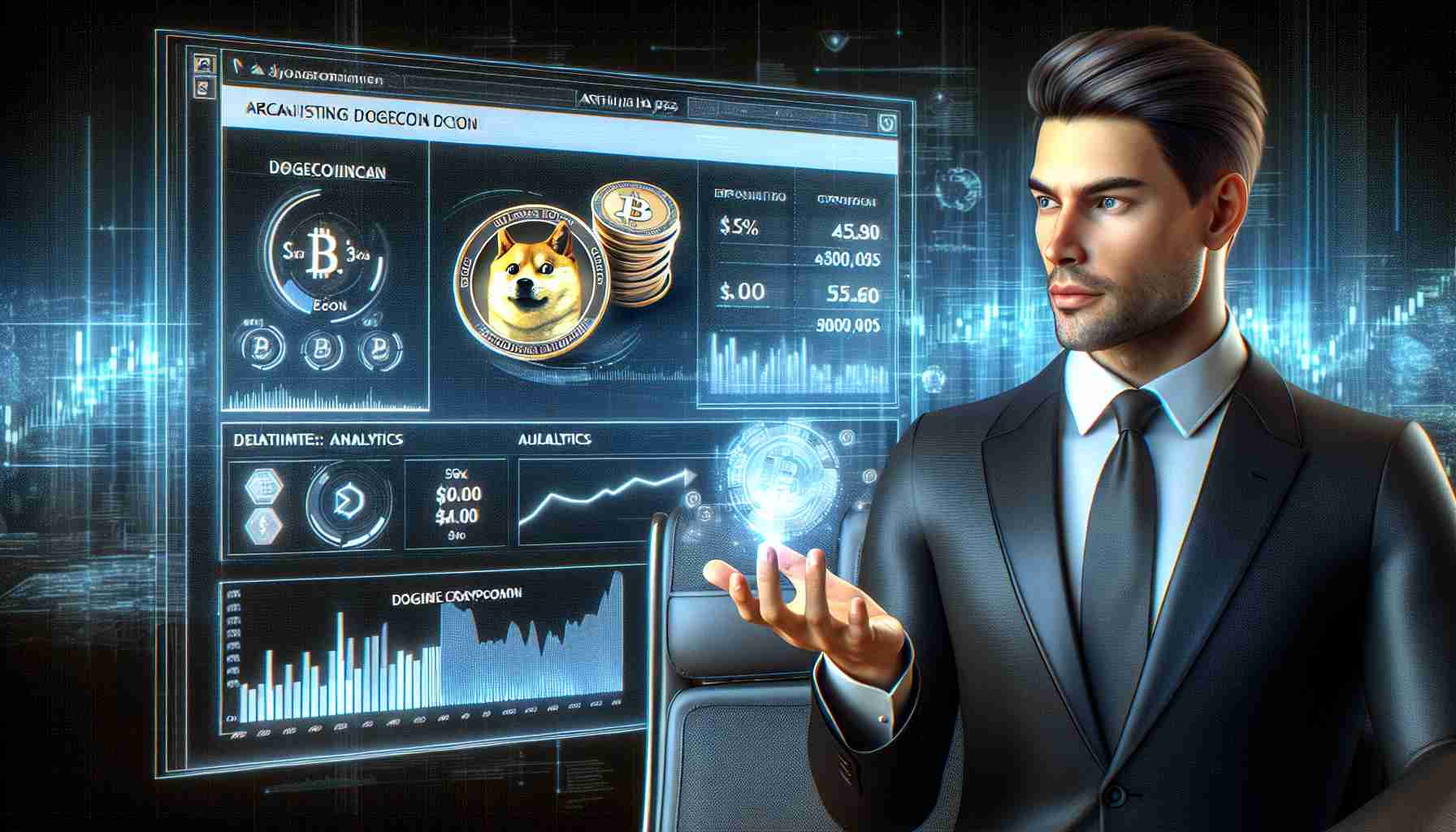 A realistic high definition photo representing a successful businessman with a similar physique to Arthur Hayes, expanding his cryptocurrency portfolio. This man is seen acquiring Dogecoin from a digital platform on a futuristic computer screen. Details such as analytics, graphs, and currency symbols are prominently displayed on the screen.