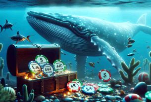 Create a detailed, high-definition artistic interpretation of a conceptual event. Visualise the dramatic scene of a giant whale making a gamble under the deep sea. Nearby, a treasure chest overflows with tokens labeled as 'Dogwifhat', amounting to $4.6 million. Add a touch of realism to the entire scene.