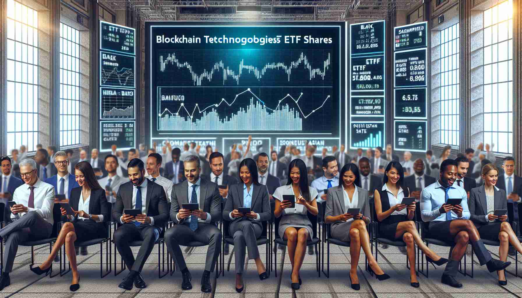 Generate a high definition, realistic image of a rally showcasing Blockchain Technologies ETF shares. The scene should depict a mix of professional men and women from various descents such as Hispanic, Caucasian, Black, Middle-Eastern, and South Asian. They are excitedly discussing and analyzing ETF shares on their digital devices. In the background, there are big screens showing graphs and stats of Blockchain Technologies ETF shares. All people are dressed in business attire.