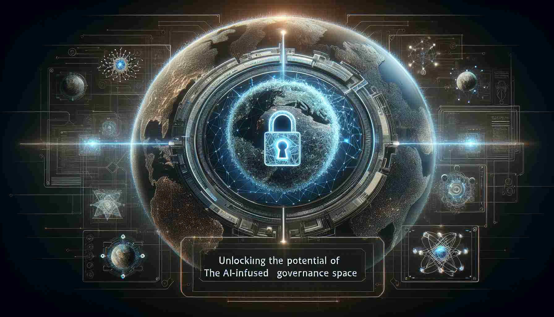 Create an advanced quality image that shows a futuristic digital interface or dashboard. The board should depict various interconnected elements, symbolizing global governance. In the center, include a symbolic lock opening, representing unlocking the potential. This should be all infused with representations of Artificial Intelligence technologies, like neural networks or AI algorithms visualized. The title 'Unlocking the Potential of EarthMeta.AI: The AI-Infused Virtual Governance Space' should be displayed prominently within the visual, perhaps at the top of image.