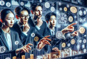 Generate a high-definition, realistic image showing a group of South Korean cryptocurrency experts scrutinizing a variety of digital coins. They are in a modern and stylish business setting decorated with charts, crypto symbols, and high-tech equipment. Their faces are filled with concentration and determination as they deal with hundreds of different types of cryptocurrencies.