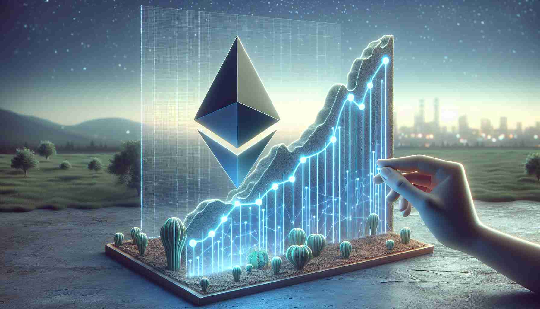 Create a high-definition realistic image depicting a conceptual scene where the Ethereum Name Services is metaphorically inching towards a significant resistance level. Model this with a line graph that shows a rising curve approaching a designated resistance point.