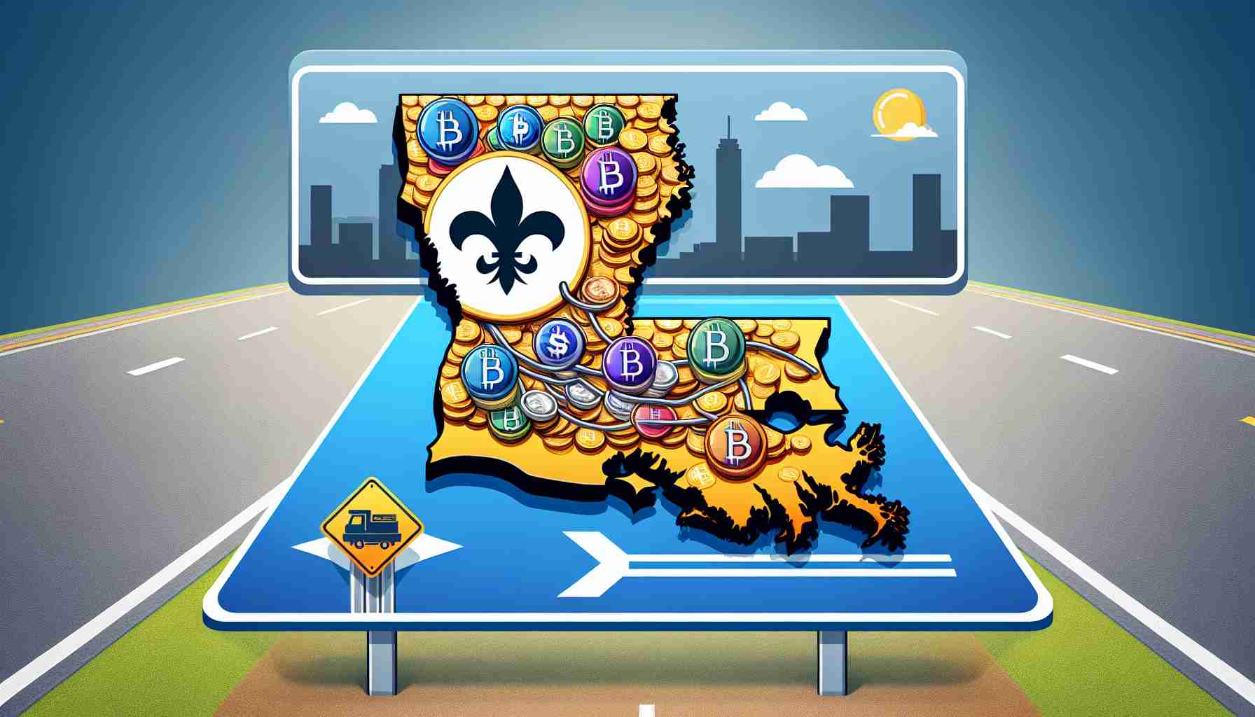 Generate a high-definition, realistic image depicting the metaphorical journey of Louisiana becoming crypto-friendly. This can include elements like a road sign leading to Louisiana with symbols of digital currencies, a map of Louisiana with landmarks marked in the shape of different cryptocurrency logos, or Louisiana's state symbol intertwined with symbols of cryptocurrency.