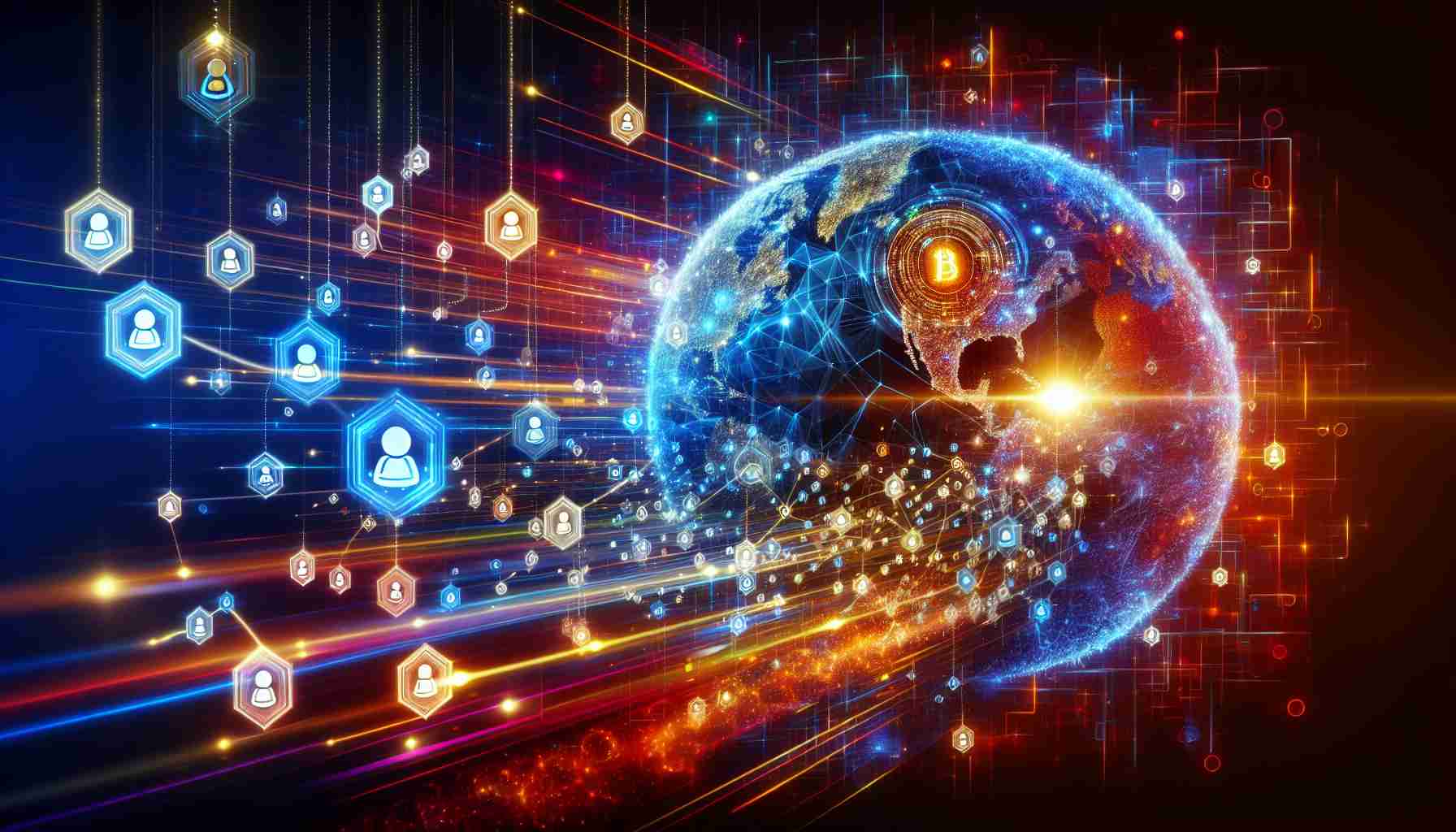 Create a dynamic and complex illustration that represents the concept of expanding digital identities. Here, we have 'World ID Journeys' making its way to the 'Solana Blockchain'. Visualize this transition as a vivid global map where digital identities, represented by unique symbols or lights, are moving and converging towards a bright node that symbolizes the 'Solana Blockchain'. Remember to subtly hint at the essence of technology and connectedness in this HD realistic image.