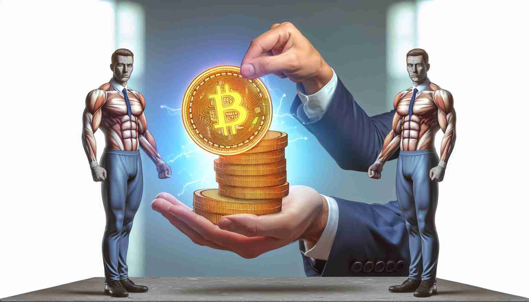 Create a realistic HD photo of bitcoin refund being issued to two well-built male figures by a nondescript politician because of exceeding legal limits. Make sure to capture the luminescent aesthetic of the bitcoin itself, the official tone of the refund situation, and the physical attributes of the two recipients.