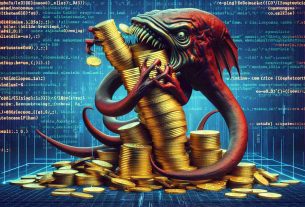 A highly detailed and realistic image of a metaphorical kraken grappling with a large pile of coins, symbolizing a multi-million dollar breach. This struggle is placed against the background of a malfunctioning computer code or a digital glitch to represent an inside technical error.