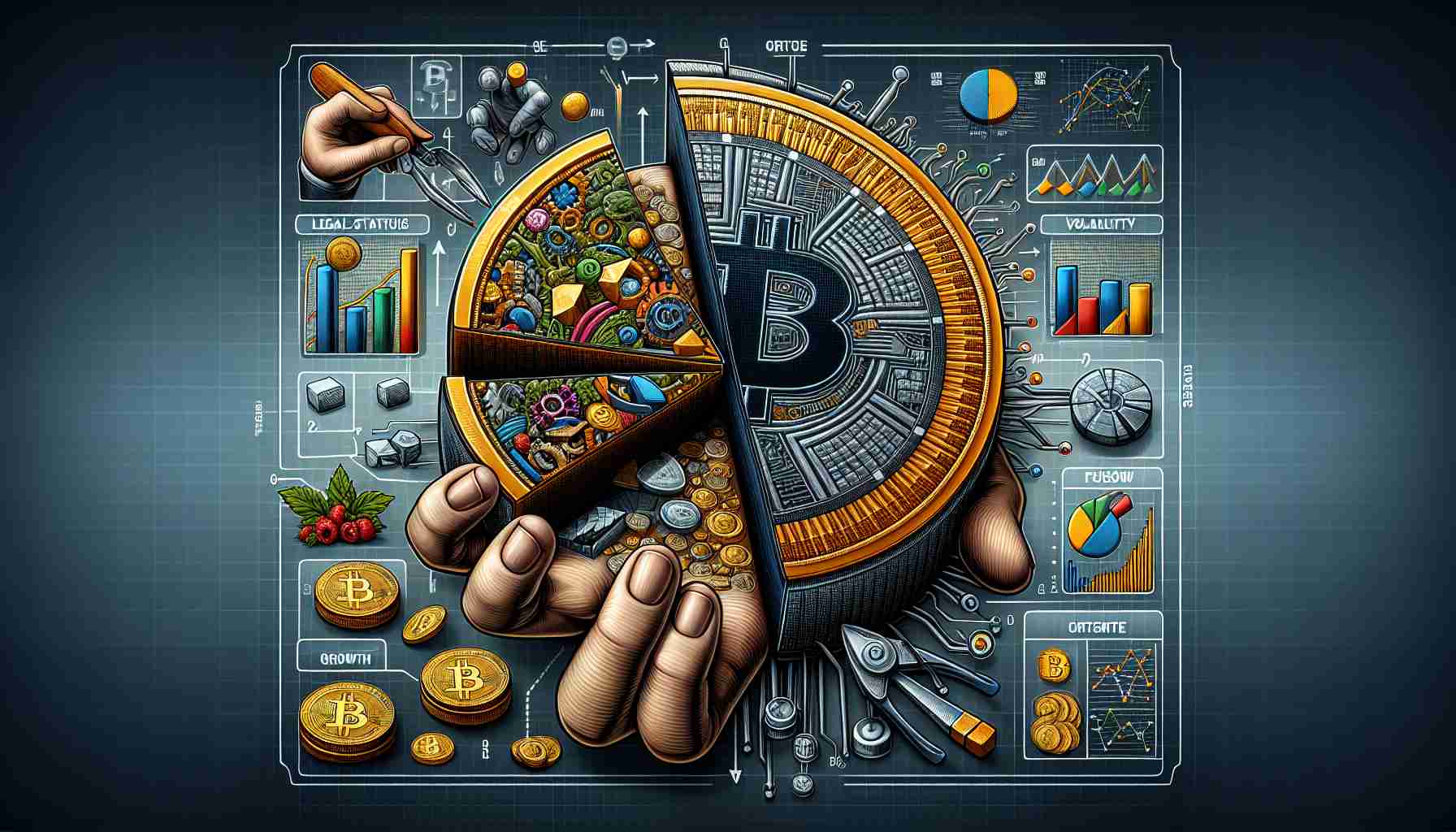 A detailed, high-definition illustration portraying the concept of dissecting Bitcoin's price dynamics and future prospects. Show one half of a physical Bitcoin being dissected like a pie chart, with different colored segments representing various aspects of Bitcoin such as volatility, legal status, market demand, etc. On the other side, present elements symbolizing future prospects like growth, risk, and uncertainty. Use arrows, graphs, and other symbolic representation to explain the dynamics. The background can incorporate elements of digital cryptography and blockchain technology.